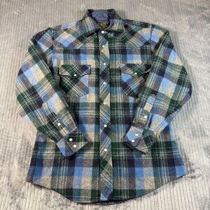 Vintage KMart Western Wool Pearl Snap Flannel Shirt Mens Small Plaid Outdoor